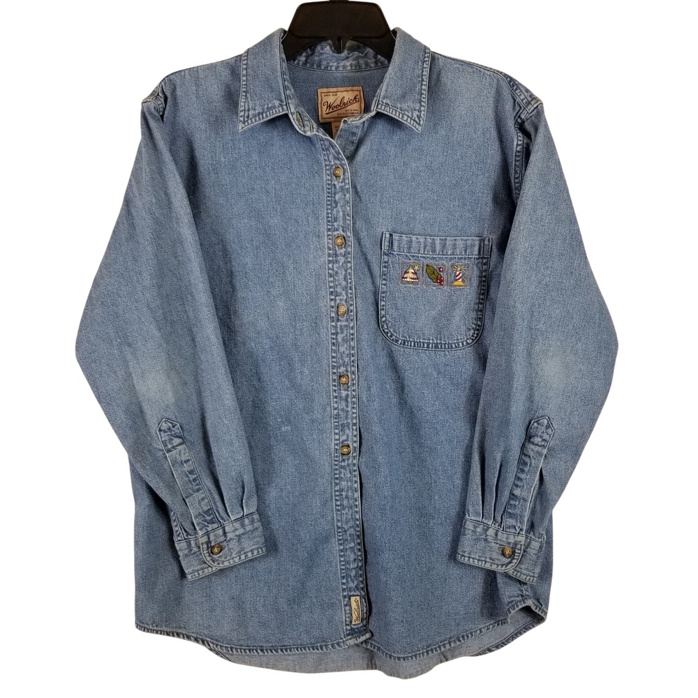 VTG Woolrich Denim‎ Button Down Shirt Womens Medium Blue Embroidered Cotton 3817